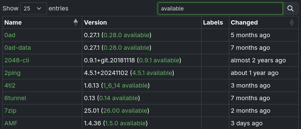 Screenshot of package filtering