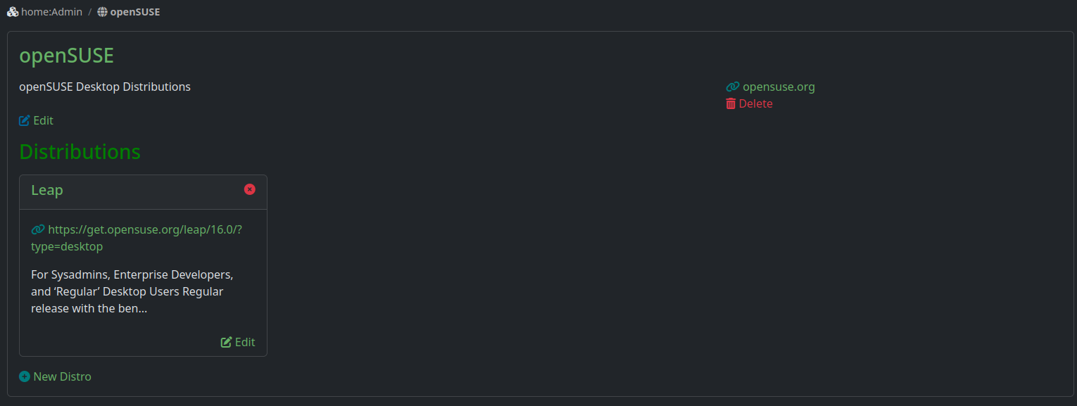 A vendor page listing its distributions