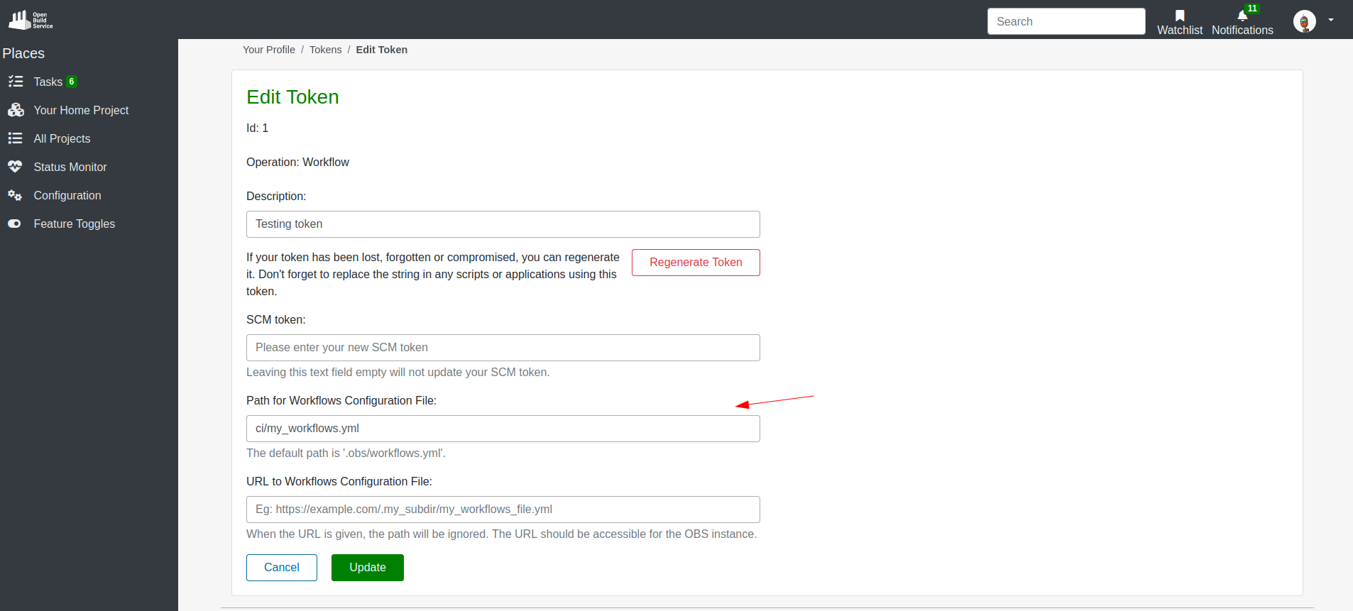 OBS Web UI - Workflow token with a customized path for the workflows configuration file